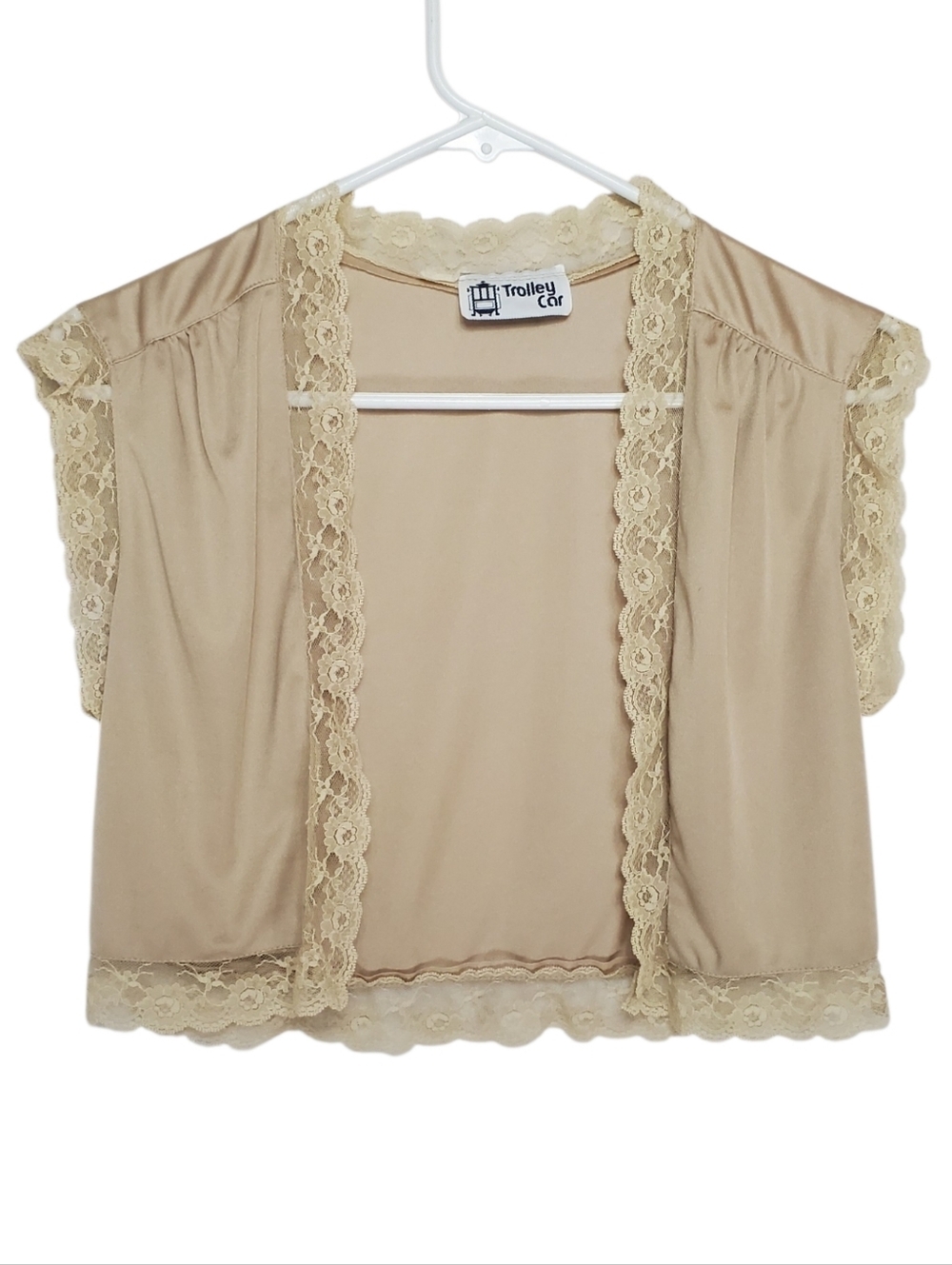 2633 * Trolley Car Vintage Bolero Shrug Lace Trim Bed Jacket Tan Size Unknown